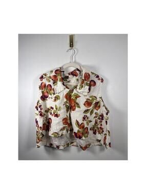 Vintage 100% Linen Peach Print, Fruit Cottagecore Sleeveless Blouse Top — XL